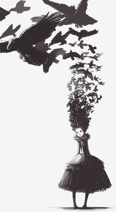 black and white drawing of a woman with birds flying over her head in the air