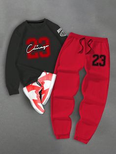 2pcs Men's Minimalist Print Crew Neck Sweatshirt And Pants Set ,Men's Sports College Classic Red And Black Color Matching Oversized Number 23 Pattern Printed Hoodie And Sweatpants Set ,Men Two Piece Outfits ,Back To School Clothes Multicolor Casual  Long Sleeve Fabric Letter  Slight Stretch  Men Clothing, size features are:Bust: ,Length: ,Sleeve Length: Matching Nike Tech Fleece Couples, Nike Tech Fleece Matching Couple, Hoodie And Sweatpants Set, Outfits Back To School, Back To School Clothes, Two Piece Outfits, Drawstring Waist Shorts, School Clothes, Hoodie And Sweatpants