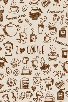 coffee doodles on paper with the words i love coffee and other things to eat