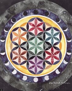 a painting of a flower of life surrounded by the phases of the moon and stars