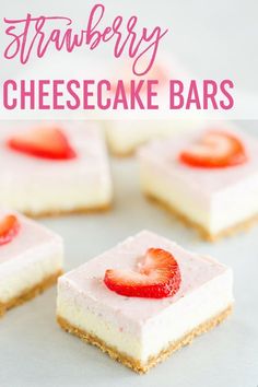 strawberry cheesecake bars are topped with whipped cream and fresh strawberries in the middle