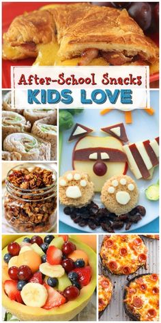 the cover of after school snacks kids love by susan schnecker, with pictures of food and desserts