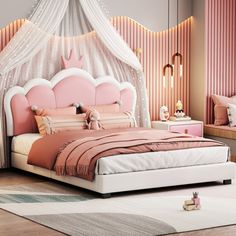 a bedroom with pink and white decor, including a large bed in the middle of the room