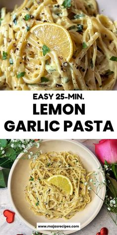 lemon garlic pasta in a white bowl with text overlay