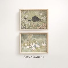 two framed paintings depicting ducks and other animals in a field with flowers on the wall