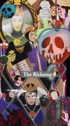 the alchemy movie poster with an evil queen surrounded by skulls and other characters