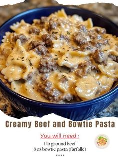 a bowl of creamy beef and bowtie pasta is shown with the words, creamy beef and bowtie pasta you will need