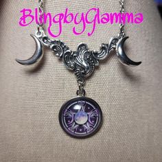 Fashion Jewelry. Brand New. Beautiful Silver Tone Purple Pentagram Moons Cabochon Pendant Necklace. 3/4" Cabochon, Approx 12" Chain. Silver Moon Shaped Witchy Jewelry, Nickel-free Silver Witchy Jewelry, Silver Nickel-free Witchy Jewelry, Adjustable Silver Witchy Jewelry, Silver Witchy Jewelry For Jewelry Making, Purple Pentagram, Moon Pentagram, Large Pearl Necklace, Brown Beaded Necklace