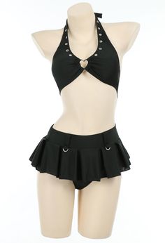 Dark Heart Gothic Black Heart Shaped Ring Decoration Mini Skirt Two-Piece Swimsuit with Microskirt Cute Beach Looks Outfit, Goth Bathing Suit One Piece, Korean Swimwear Bikinis, Cute Black Swimsuit, Vampire Swimsuit, Gothic Swimsuit Bikinis, Punk Beach Outfit, Alt Bathing Suits, Fairycore Swimsuit