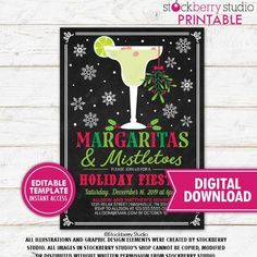 margaritas and mistles holiday festive party flyer with digital file available for purchase