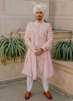 Pink Hand embroidered Achkan Set Contrast by Parth - Fabilicious Fashion Groom Wedding Servani, Dulha Wedding Servani, Dulha Outfit Wedding Dresses, Wedding Dresses Men Indian Groom Outfit, Baby Pink Kurta For Men, Wedding Servani, Pink Sherwani For Groom, Groom Shoes Wedding, Wedding Dresses Groom