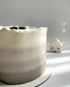 a white cake sitting on top of a plate