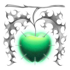 a green heart shaped object with several pins sticking out of it's center, surrounded by metal filigrees