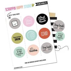 the scrappi happy studio stickers are shown in two different colors and sizes, one is