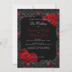 wedding card with red roses on black and grey background, the wording is in english