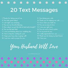 a blue background with polka dots and text that says, 20 text messages your husband will love