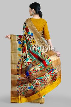 Hand Painted Kalamkari Saree With Blouse Piece Silk Mark - Etsy Multicolor Slub Silk Anarkali Dupatta, Artistic Silk Dupatta With Pallu, Artistic Multicolor Raw Silk Traditional Wear, Artistic Chanderi Dupatta With Pallu, Artistic Tussar Silk Festive Dupatta, Multicolor Slub Silk Dupatta With Printed Motifs, Artistic Festive Chanderi Dupatta, Artistic Tussar Silk Dupatta For Festive Occasions, Artistic Chanderi Dupatta For Festive Occasions