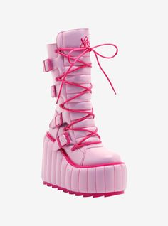 Take your look to new heights in these statement platform boots! Featuring baby pink padding all around  plus lace-up detailing on the front. Comes with buckle strap designs and side zipper closures.Listed in women's sizes.Platform: 3''Heel: 6''Polyurethane upper; EVA soleImported High Platform Shoes Pink, Megamind Platform Boots, Plateforme Shoes Pink, Pink Lug Sole Boots, Shock Platform Boots, Platform Boots Color, Led Platform Boots, Kawaii Demonia Shoes, Pink Chunky Combat Boots