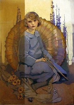 a painting of a woman sitting on the ground with an umbrella over her head and flowers in front of her