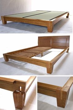 four different views of a wooden bed frame