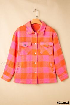 Olivia Mark - Elegant Orange Plaid Jacket with Pockets and Convertible Collar Orange Button-up Winter Outerwear, Orange Button-up Outerwear For Winter, Pink Winter Outerwear With Snap Buttons, Winter Pink Outerwear With Snap Buttons, Orange Long Sleeve Outerwear For Spring, Orange Button-up Outerwear With Pockets, Orange Long Sleeve Outerwear With Button Closure, Pink Tops With Snap Buttons For Fall, Trendy Orange Outerwear With Button Closure