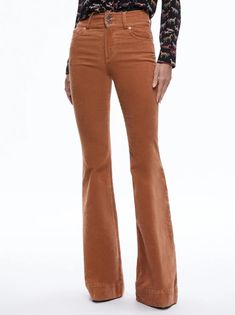 Alice + Olivia Beautiful High Rise Bell in Camel - Estilo Boutique Suede Trousers, Pink Denim Skirt, Rich Earth Tones, Suede Pants, Blazer And Skirt, Corduroy Jeans, Bottom Jeans, Alice And Olivia, Feminine Aesthetic