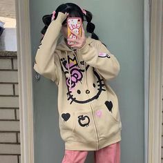 y2k-kawaii-fashion-Hello Kitty Zip Hoodie-XS-Pinky Dollz Sweatshirt Women Casual, Hello Kitty Y2k, Y2k Hello Kitty, Hoodie Cartoon, Hello Kitty Clothes, Hello Kitty Cartoon, Womens Sweatshirts Hoods, Cartoon Sweatshirts, Zippered Cardigan