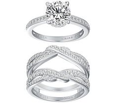 two wedding rings with diamonds on each band and an engagement ring in the other side