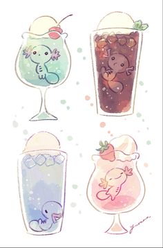 four different kinds of drinks in glasses