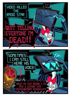 an animated comic strip with the caption saying, video killed the robot star quiting everyone i'm dead