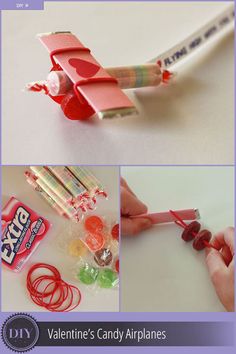 valentine's candy airplanes made out of candy bars and gummy bears are featured in this collage