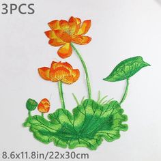 three orange flowers with green leaves on white background and text below that reads, 3 pcs 8x 11in 2x3 30cm