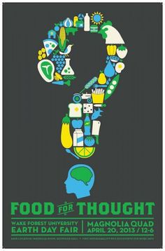 the poster for food for thought is shown in green and blue, with an image of a