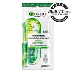 Garnier Niacinamide Detox Ampoule Face Sheet Mask is a sheet mask with the brand's highest concentration of 2% niacinamide in a mask, plus kale extract to visibly purify and rebalance oily skin in just 5 minutes. This powerful duo infused in the mask is best to use when your skin appears oily or feels congested, or when there is a change in seasons to rebalance the skin. Best Sheet Masks, Skincare Masks, Korean Sheet Mask, Face Sheet Mask, Skin Care Mask, Big Face, Sheet Mask, The Mask, Body Health