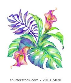 watercolor drawing of tropical leaves and flowers