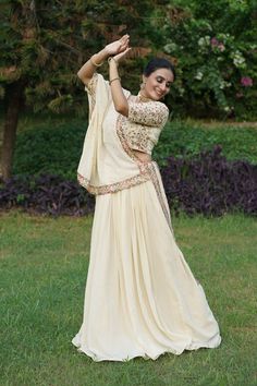 Off-White Lehenga Choli with Sequins & Thread Embroidery