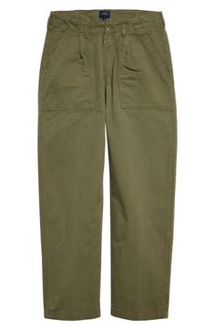 Inspired by military fatigues, these straight-leg pants made from sturdy Japanese twill are designed with dual pleats for a more polished look. 31" inseam; 17" leg opening; 11 1/2" front rise; 16 1/2" back rise (size 30) Zip fly with button closure Front slant pockets; back button-flap patch pockets 100% cotton Machine wash, line dry Made in Portugal Designer Clothing Olive Cargo Pants For Work, Olive Cargo Pants With Pockets For Workwear, Olive Workwear Pants With Side Pockets, Olive Pants With Side Pockets For Workwear, Olive Utility Pants For Workwear, Khaki Chino Cotton Twill Work Pants, Straight Leg Chino Cotton Twill Cargo Pants For Work, Olive Straight Cargo Pants For Work, Olive Wide Leg Cargo Pants For Work