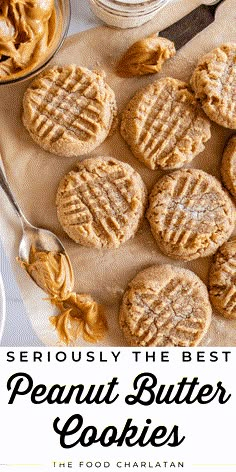 peanut butter cookies on parchment paper with text overlay