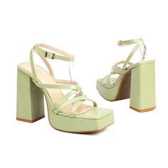 Material: Vegan Leather Pattern: Solid Color Available Colors: White, Pink, Black, Green, Yellow Suitable Season: Summer Heel Height: 5.11 inches (130 mm) Platform: 1.18 inches (30 mm) Toe Style: Square Toe Heel Style: Chunky Heel Style: Sandal Pumps Closure Type: Ankle Strap HandcraftedUS sizing. Fits true to size.Please note that measurements may vary by size. Green Block Heels For Spring, Spring Green Block Heels, Trendy Green Heels With Buckle Closure, Green Chunky Platform Sandals With Round Toe, Green Chunky Platform Heels With Closed Toe, Green Platform Sandals With Block Heel, Green Round Toe Block Heels For Summer, Green Block Heels With Round Toe For Summer, Green Chunky Platform Heels For Spring