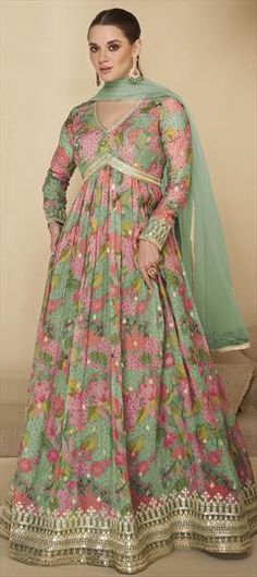 Green, Pink and Majenta color Gown in Georgette fabric with Embroidered, Floral, Printed, Stone, Thread, Zari work Pista Green Anarkali Dress With Floral Print, Festive Pista Green Dress With Floral Print, Green Dress With Floral Embroidery For Reception, Pista Green Floor-length Dress With Floral Embroidery, Green Floral Print Lehenga For Wedding, Pista Green Floral Embroidery Floor-length Dress, Pista Green Floral Embroidered Floor-length Dress, Green Floral Print Wedding Lehenga, Floor-length Pista Green Dress With Floral Embroidery