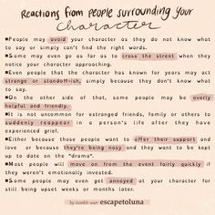 a piece of paper with writing on it that says, reactions from people surrounding your character