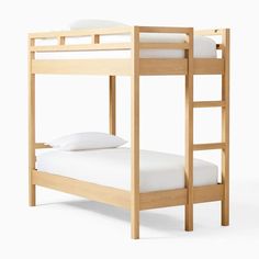 a wooden bunk bed with white sheets and pillows on top of it, against a white background