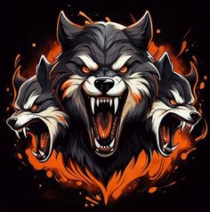 three wolfs with their mouths open in front of an orange and black fire background