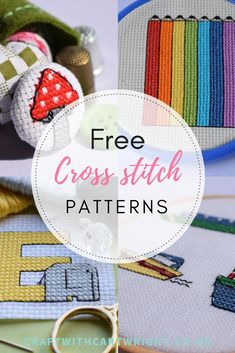 the free cross stitch pattern is shown with scissors and other sewing supplies in front of it