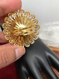 AD Red Stone Three Layer Floral Ring Adjustable Ring Fits All SizesColor : GoldenSize : Diameter 1.75 Inches; Adjustable Ring Fits All Sizes,Stones : AD Red Stone Traditional Ring, Floral Ring, Three Layer, Ring Fit, Red Stone, Social Events, Adjustable Ring, Adjustable Rings, Indian Jewelry