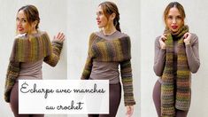 two pictures of a woman wearing a sweater and scarf with the words, elphape ave marches au crochet