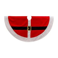 a red and white santa claus bib with a gold buckle on the front side