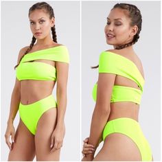 Neon Green Lime One Shoulder Bandeau 2 Pc Bikini Brand New Boutique Item W/O Tag 82% Polyester 18% Spandex One Shoulder Bandeau + High Rise Bottoms Ribbed Paddings Stretchy Good Quality True To Size Bin:11 O18s Trendy Strapless Swimwear For Poolside, Trendy Strapless Swimwear For Beach Season, Trendy Strapless Summer Swimwear, Trendy Bandeau Swimwear For Poolside, Trendy Bandeau Stretch Swimwear, Green Beachwear Tube Top For Swimming, Green Strapless Swimwear For Party, Green Strapless Party Swimwear, Neon Green