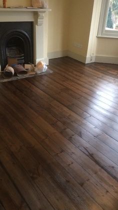 a living room with hard wood floors and a fire place