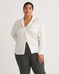 Washable Stretch Silk Notch Collar Blouse - Plus Size Perfect Blouse, Silk Camisole, Quarter Zip Sweater, Notch Collar, Just Run, Beautiful Blouses, Collar Blouse, Notched Collar, Plus Size Blouses